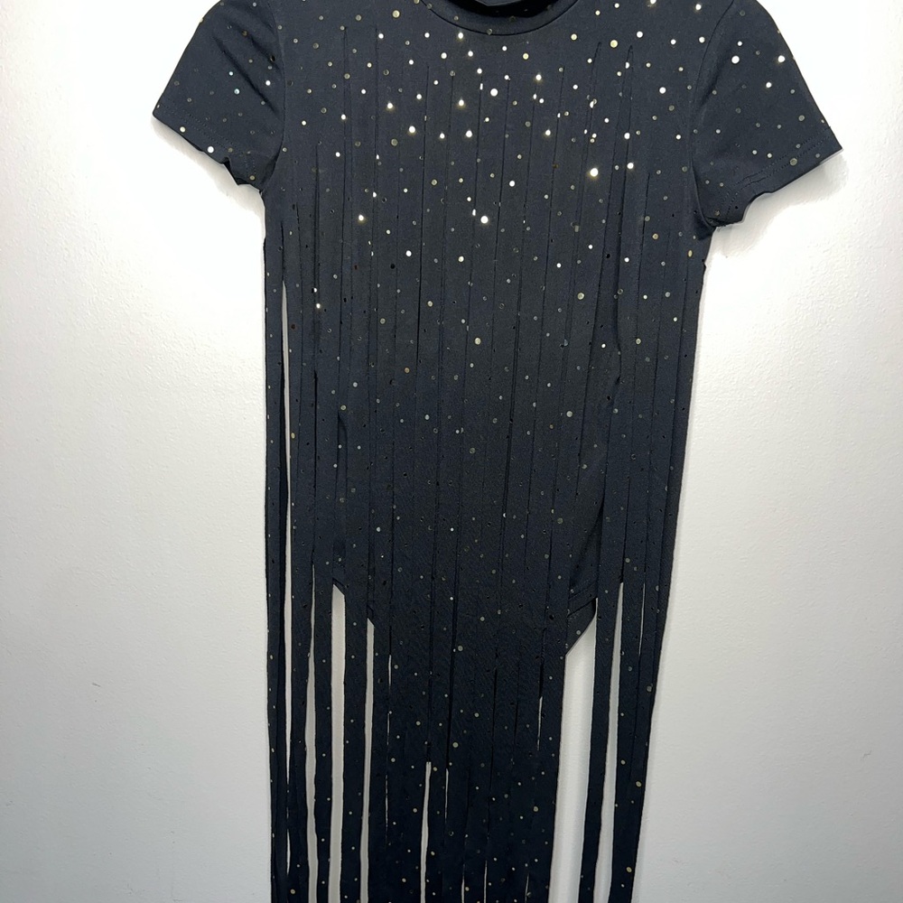 Women’s Small Black Fringe Bodysuit with Gold Accents